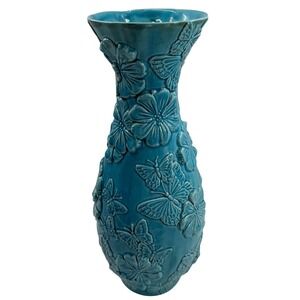 Butterfly Floral Vase Portugal Turquoise Blue Art Pottery Embossed Decor Accent